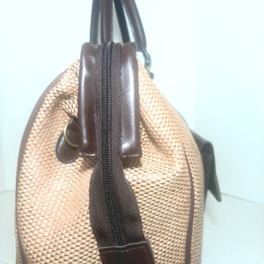 Elegant Tan Nylon Weave with Chocolate Brown Faux Leather Travel/Duffle Baf - Picture 4 of 9